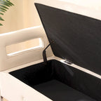 Corduroy Storage Bench with Armrests – Beige / Navy, Wood Legs, Single User