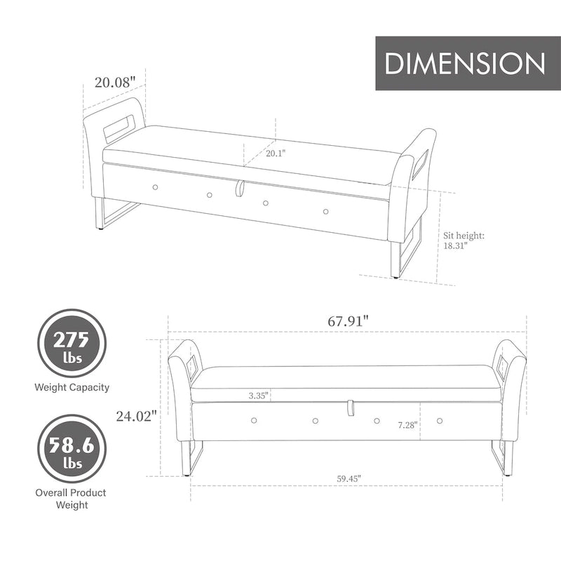 Corduroy Storage Bench with Armrests – Beige / Navy, Wood Legs, Single User