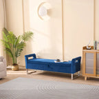 Corduroy Storage Bench with Armrests – Beige / Navy, Wood Legs, Single User