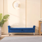 Corduroy Storage Bench with Armrests – Beige / Navy, Wood Legs, Single User