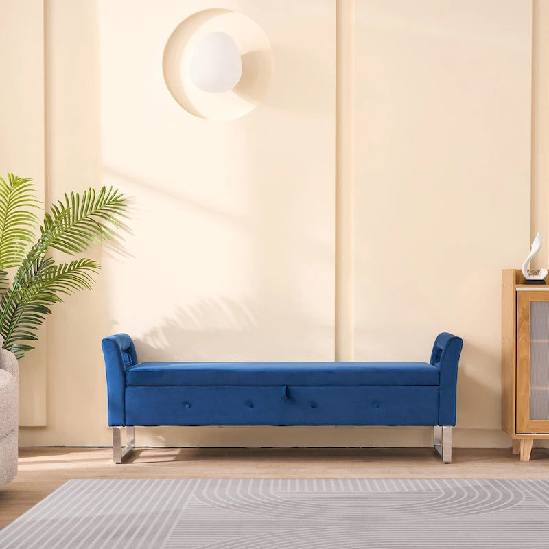 Corduroy Storage Bench with Armrests – Beige / Navy, Wood Legs, Single User