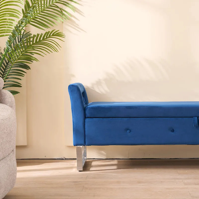 Corduroy Storage Bench with Armrests – Beige / Navy, Wood Legs, Single User