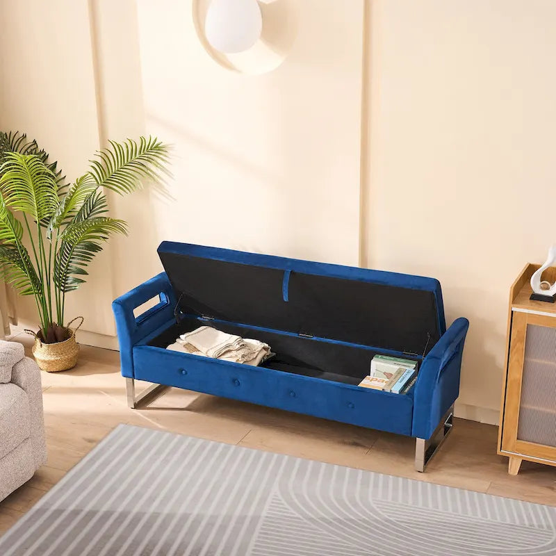 Corduroy Storage Bench with Armrests – Beige / Navy, Wood Legs, Single User