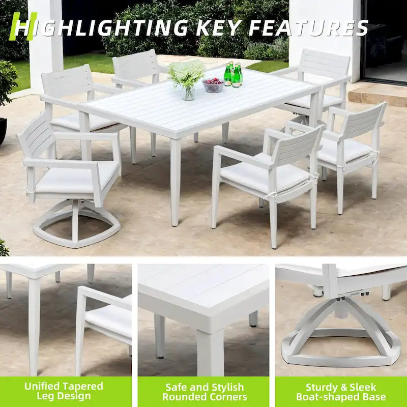 GDFStudio - Matte White & Grayish 7-Piece Patio Aluminum Dining Set with Sunbrella Cushions