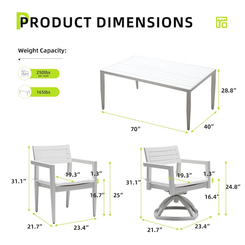 GDFStudio - Matte White & Grayish 7-Piece Patio Aluminum Dining Set with Sunbrella Cushions