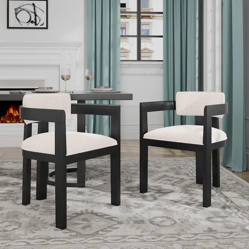 Bouclé Fabric Dining Chair with Armrests – Black & Beige / Light Ash & Beige / Walnut & Beige, Modern Style, Single