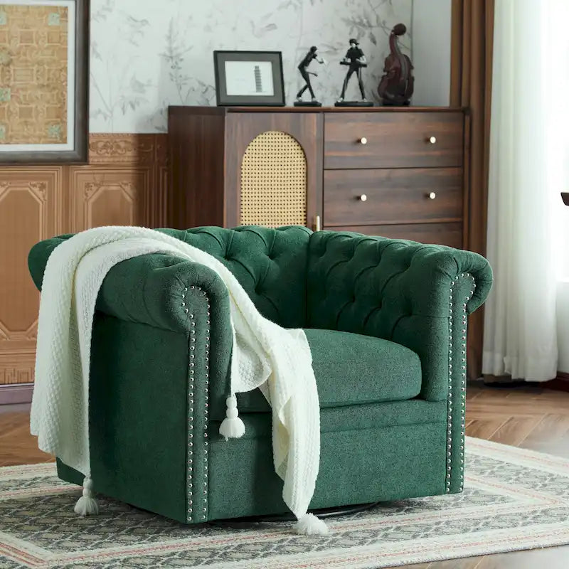 Swivel Button-Tufted Club Chair – Dark Green / Cognac, Chesterfield Style, Single Seat