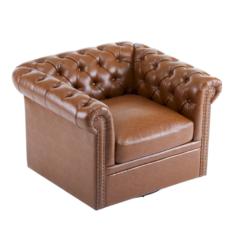 Swivel Button-Tufted Club Chair – Dark Green / Cognac, Chesterfield Style, Single Seat