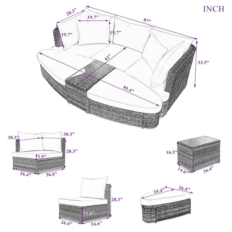 6-Piece Outdoor Rattan Modular Sectional Sofa Set with Coffee Table, Free Combination