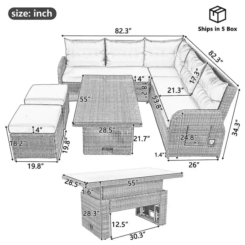 Outdoor Patio Rattan Sectional Sofa Set with Adjustable Height Table and 2 Reclining Seat, Extendable Side Tables