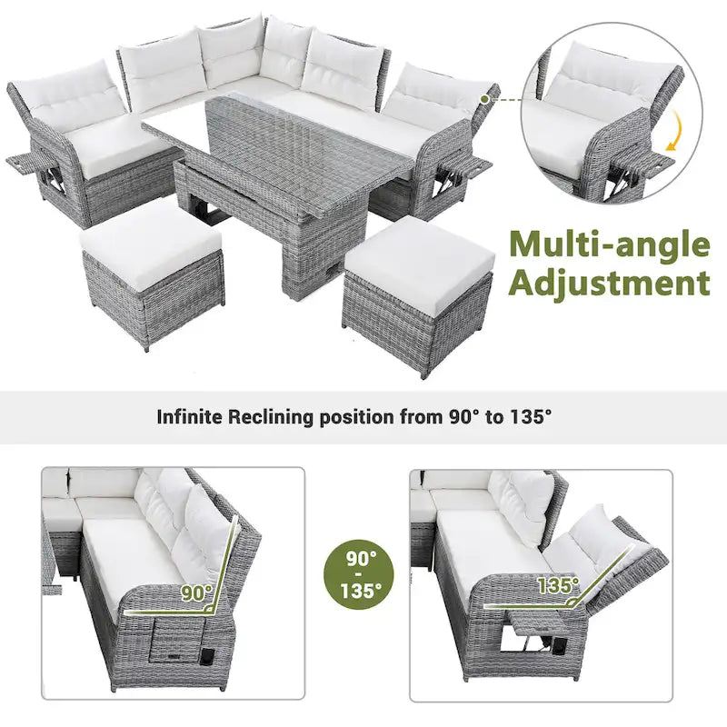 Outdoor Patio Rattan Sectional Sofa Set with Adjustable Height Table and 2 Reclining Seat, Extendable Side Tables
