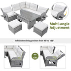 Outdoor Patio Rattan Sectional Sofa Set with Adjustable Height Table and 2 Reclining Seat, Extendable Side Tables