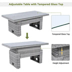 Outdoor Patio Rattan Sectional Sofa Set with Adjustable Height Table and 2 Reclining Seat, Extendable Side Tables