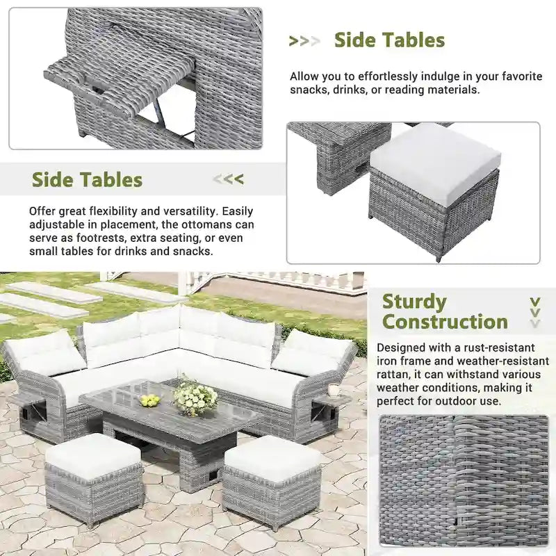 Outdoor Patio Rattan Sectional Sofa Set with Adjustable Height Table and 2 Reclining Seat, Extendable Side Tables