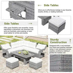 Outdoor Patio Rattan Sectional Sofa Set with Adjustable Height Table and 2 Reclining Seat, Extendable Side Tables
