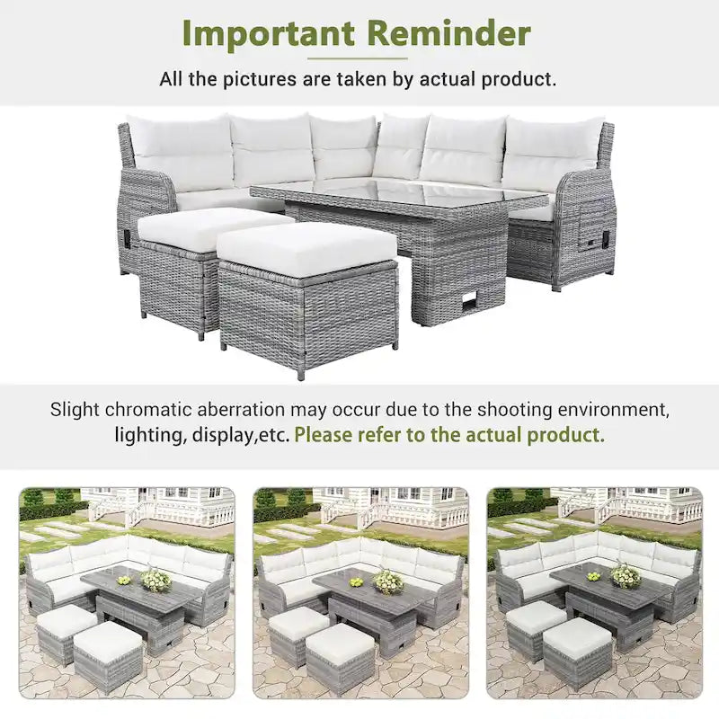 Outdoor Patio Rattan Sectional Sofa Set with Adjustable Height Table and 2 Reclining Seat, Extendable Side Tables