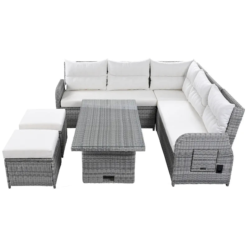 Outdoor Patio Rattan Sectional Sofa Set with Adjustable Height Table and 2 Reclining Seat, Extendable Side Tables