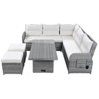 Outdoor Patio Rattan Sectional Sofa Set with Adjustable Height Table and 2 Reclining Seat, Extendable Side Tables