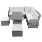 Outdoor Patio Rattan Sectional Sofa Set with Adjustable Height Table and 2 Reclining Seat, Extendable Side Tables