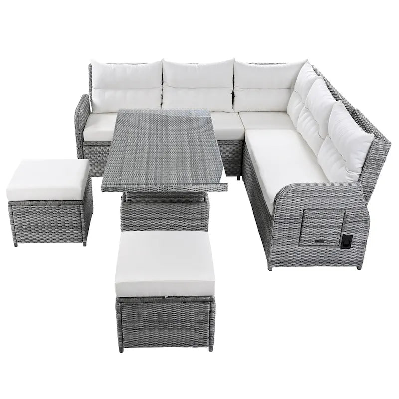 Outdoor Patio Rattan Sectional Sofa Set with Adjustable Height Table and 2 Reclining Seat, Extendable Side Tables