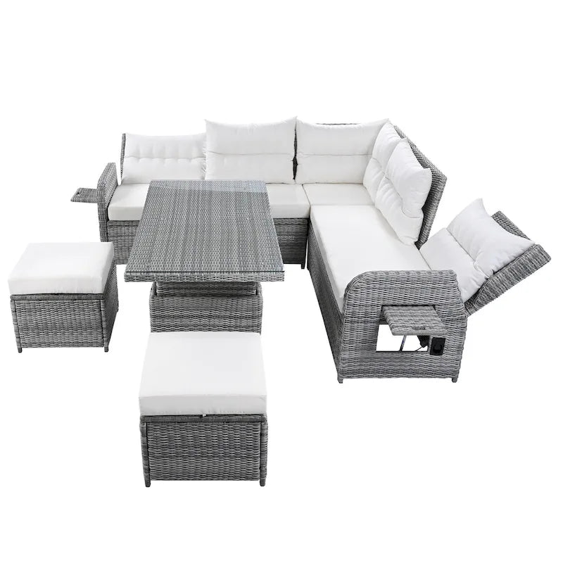 Outdoor Patio Rattan Sectional Sofa Set with Adjustable Height Table and 2 Reclining Seat, Extendable Side Tables