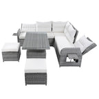 Outdoor Patio Rattan Sectional Sofa Set with Adjustable Height Table and 2 Reclining Seat, Extendable Side Tables