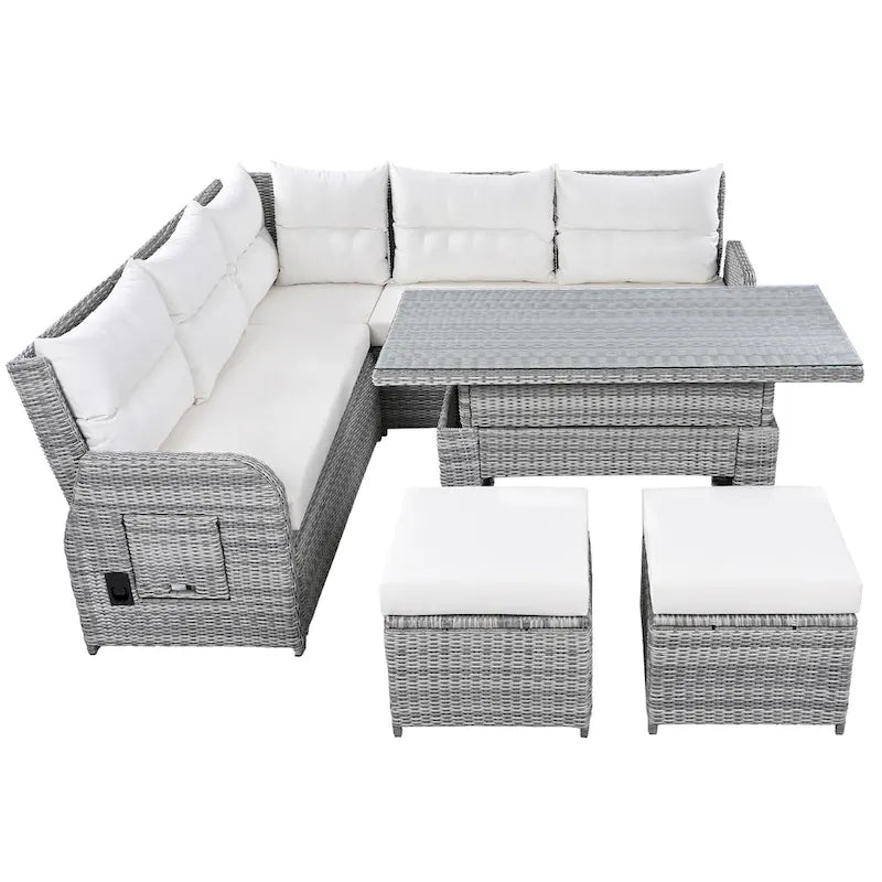 Outdoor Patio Rattan Sectional Sofa Set with Adjustable Height Table and 2 Reclining Seat, Extendable Side Tables