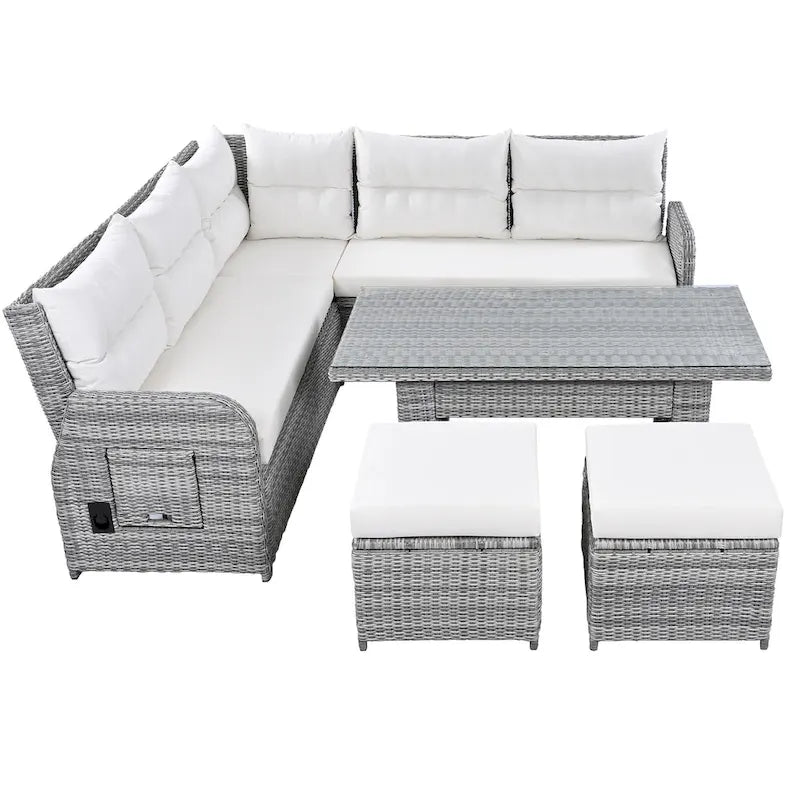 Outdoor Patio Rattan Sectional Sofa Set with Adjustable Height Table and 2 Reclining Seat, Extendable Side Tables