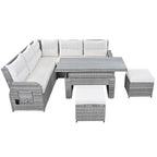 Outdoor Patio Rattan Sectional Sofa Set with Adjustable Height Table and 2 Reclining Seat, Extendable Side Tables