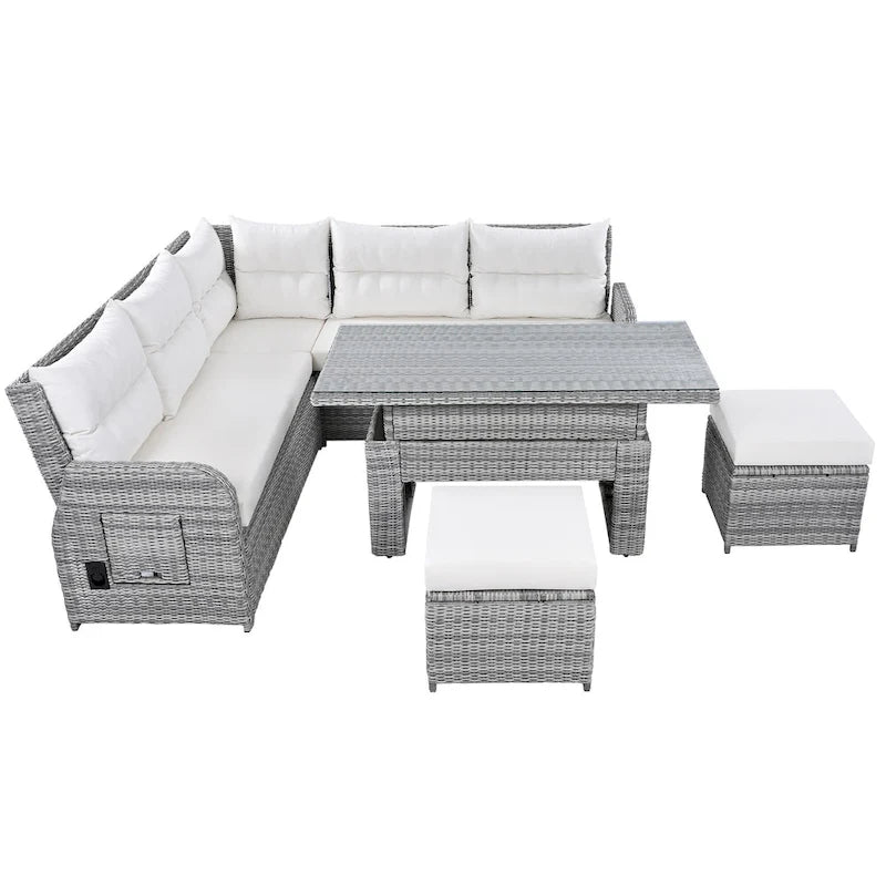 Outdoor Patio Rattan Sectional Sofa Set with Adjustable Height Table and 2 Reclining Seat, Extendable Side Tables