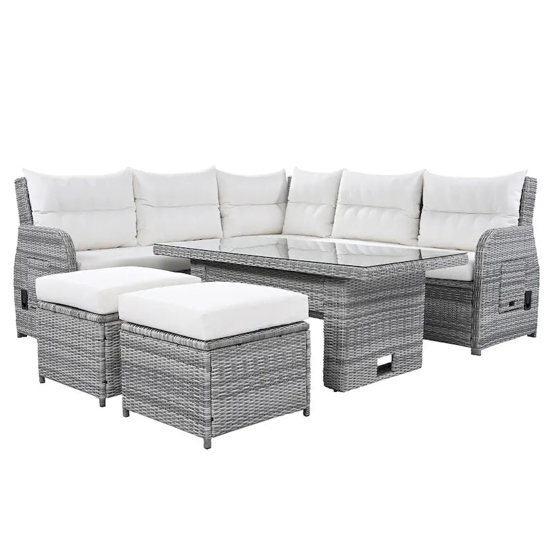Outdoor Patio Rattan Sectional Sofa Set with Adjustable Height Table and 2 Reclining Seat, Extendable Side Tables