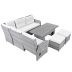 Outdoor Patio Rattan Sectional Sofa Set with Adjustable Height Table and 2 Reclining Seat, Extendable Side Tables