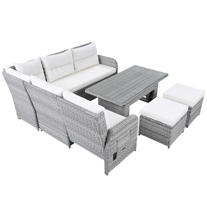Outdoor Patio Rattan Sectional Sofa Set with Adjustable Height Table and 2 Reclining Seat, Extendable Side Tables