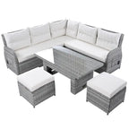Outdoor Patio Rattan Sectional Sofa Set with Adjustable Height Table and 2 Reclining Seat, Extendable Side Tables