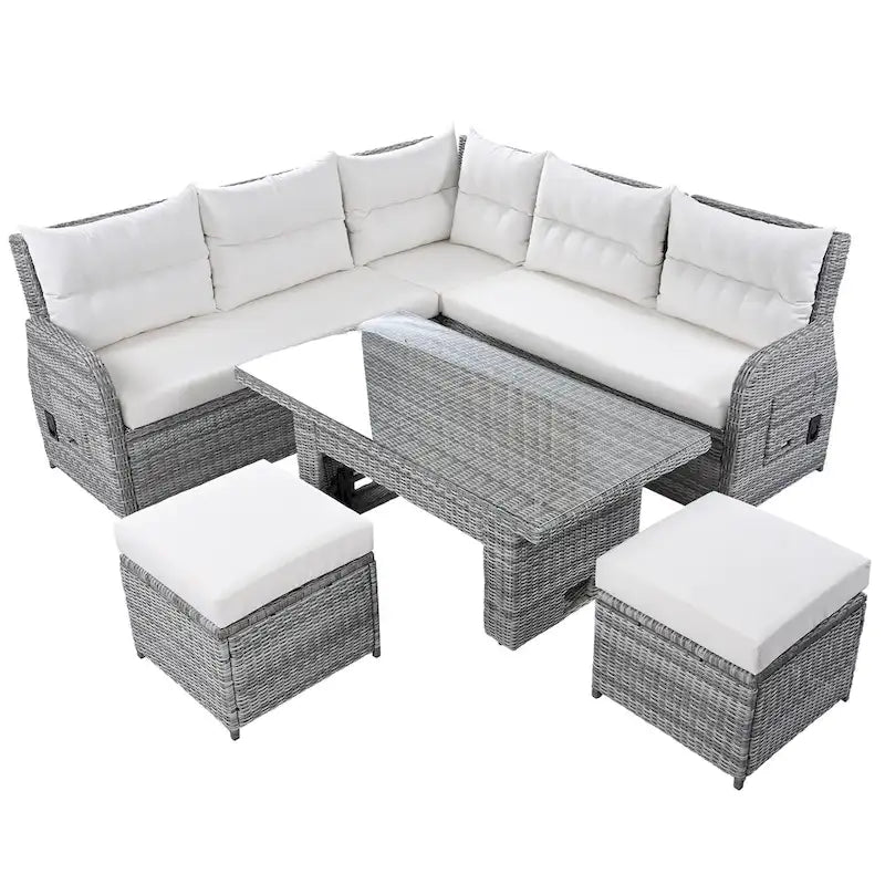 Outdoor Patio Rattan Sectional Sofa Set with Adjustable Height Table and 2 Reclining Seat, Extendable Side Tables