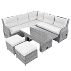 Outdoor Patio Rattan Sectional Sofa Set with Adjustable Height Table and 2 Reclining Seat, Extendable Side Tables