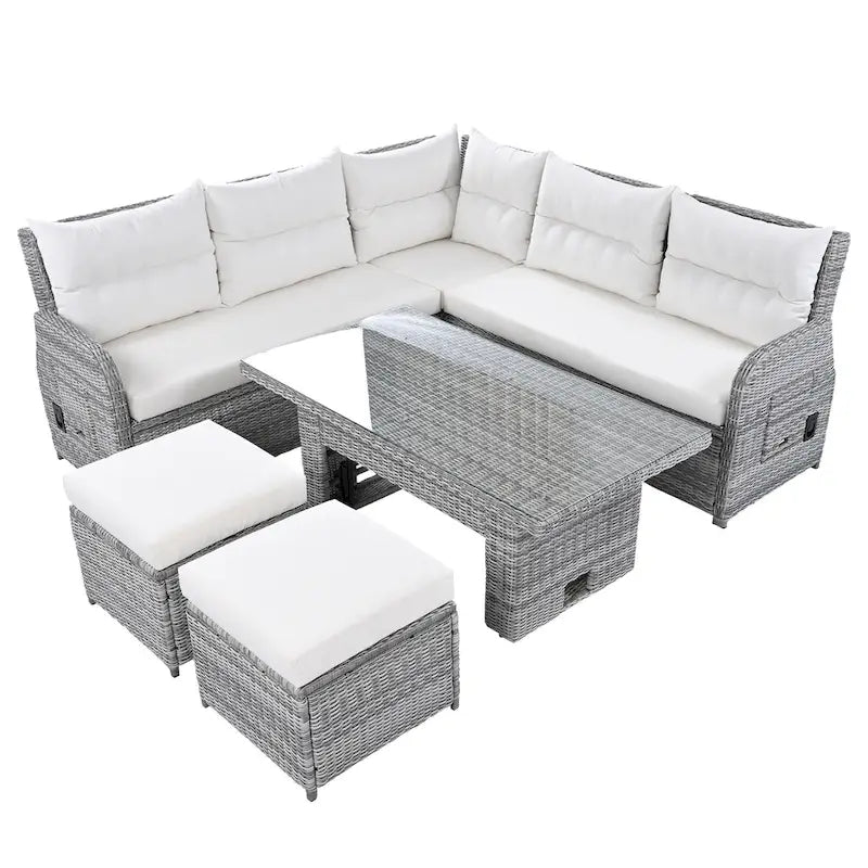 Outdoor Patio Rattan Sectional Sofa Set with Adjustable Height Table and 2 Reclining Seat, Extendable Side Tables