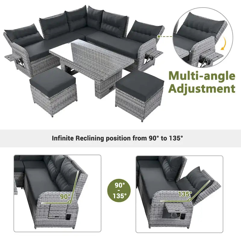 Outdoor Patio Rattan Sectional Sofa Set with Adjustable Height Table and 2 Reclining Seat, Extendable Side Tables