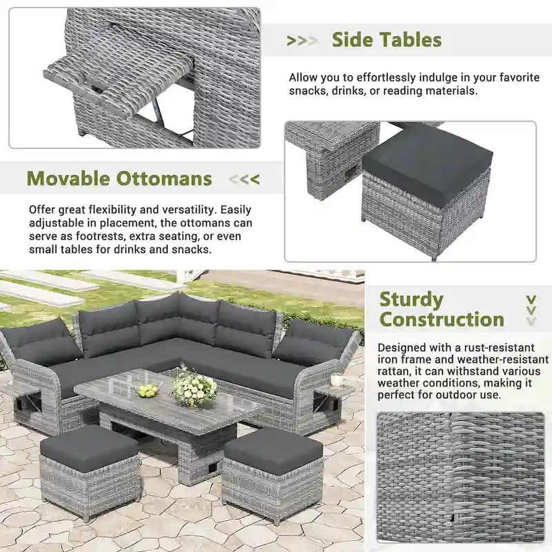 Outdoor Patio Rattan Sectional Sofa Set with Adjustable Height Table and 2 Reclining Seat, Extendable Side Tables
