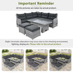 Outdoor Patio Rattan Sectional Sofa Set with Adjustable Height Table and 2 Reclining Seat, Extendable Side Tables