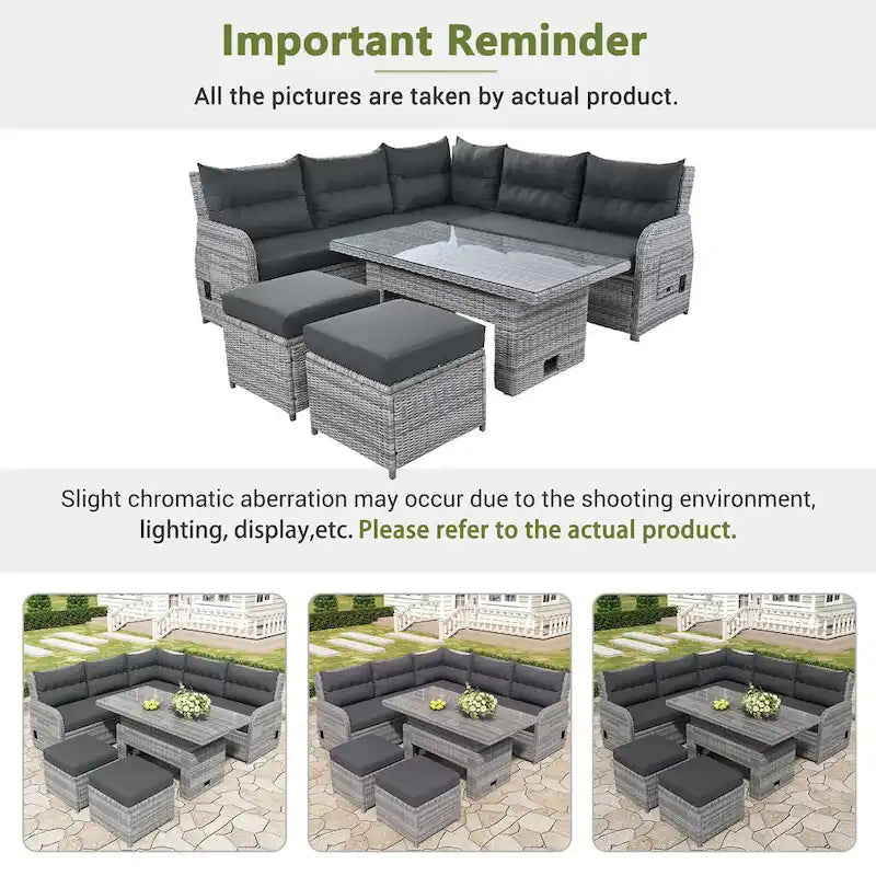 Outdoor Patio Rattan Sectional Sofa Set with Adjustable Height Table and 2 Reclining Seat, Extendable Side Tables