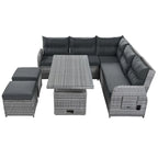 Outdoor Patio Rattan Sectional Sofa Set with Adjustable Height Table and 2 Reclining Seat, Extendable Side Tables