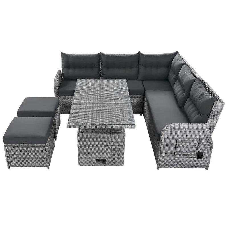 Outdoor Patio Rattan Sectional Sofa Set with Adjustable Height Table and 2 Reclining Seat, Extendable Side Tables