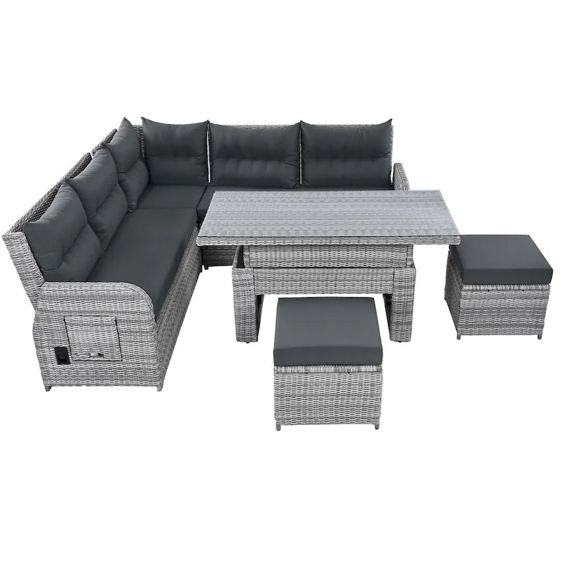 Outdoor Patio Rattan Sectional Sofa Set with Adjustable Height Table and 2 Reclining Seat, Extendable Side Tables