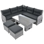 Outdoor Patio Rattan Sectional Sofa Set with Adjustable Height Table and 2 Reclining Seat, Extendable Side Tables