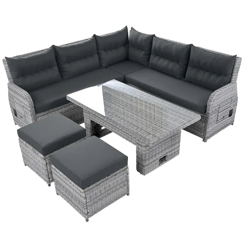 Outdoor Patio Rattan Sectional Sofa Set with Adjustable Height Table and 2 Reclining Seat, Extendable Side Tables