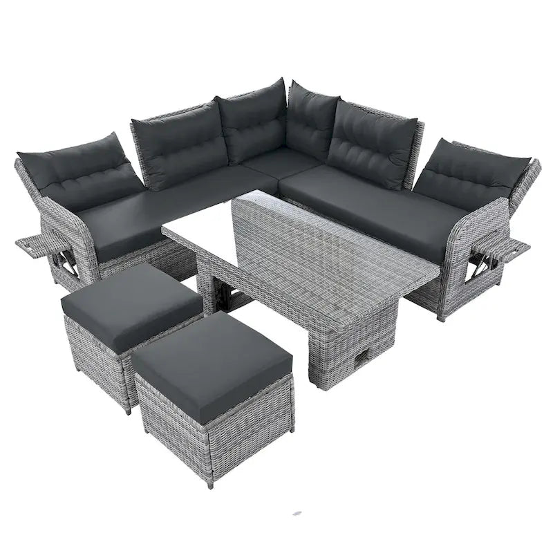 Outdoor Patio Rattan Sectional Sofa Set with Adjustable Height Table and 2 Reclining Seat, Extendable Side Tables