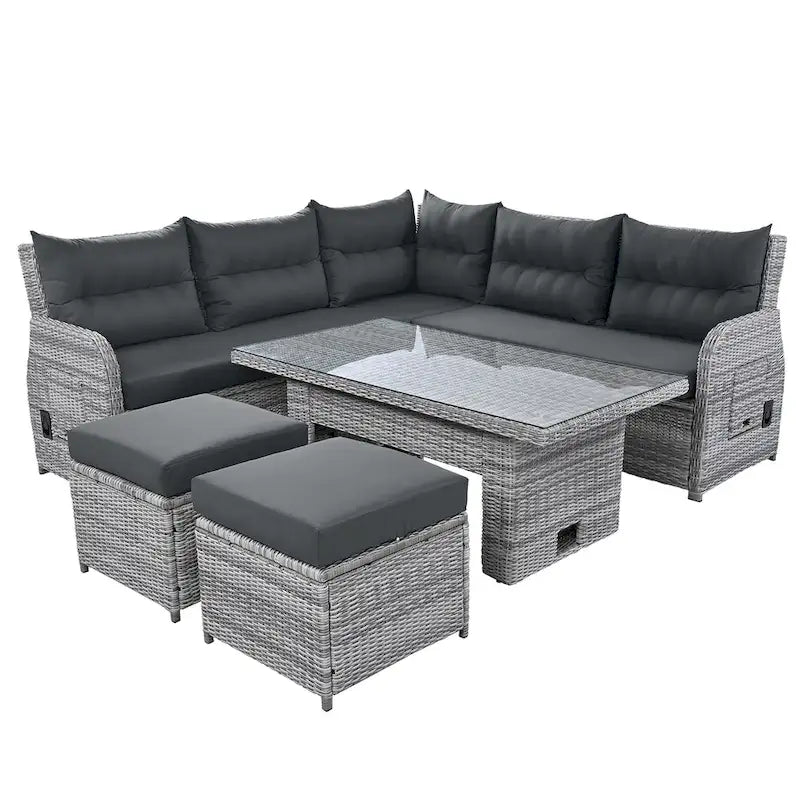 Outdoor Patio Rattan Sectional Sofa Set with Adjustable Height Table and 2 Reclining Seat, Extendable Side Tables