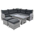 Outdoor Patio Rattan Sectional Sofa Set with Adjustable Height Table and 2 Reclining Seat, Extendable Side Tables