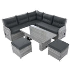 Outdoor Patio Rattan Sectional Sofa Set with Adjustable Height Table and 2 Reclining Seat, Extendable Side Tables